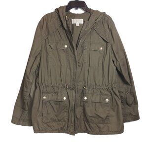 Michael Kors Hooded Cargo Jacket Womens Large Green 100% Cotton Utility Jacket